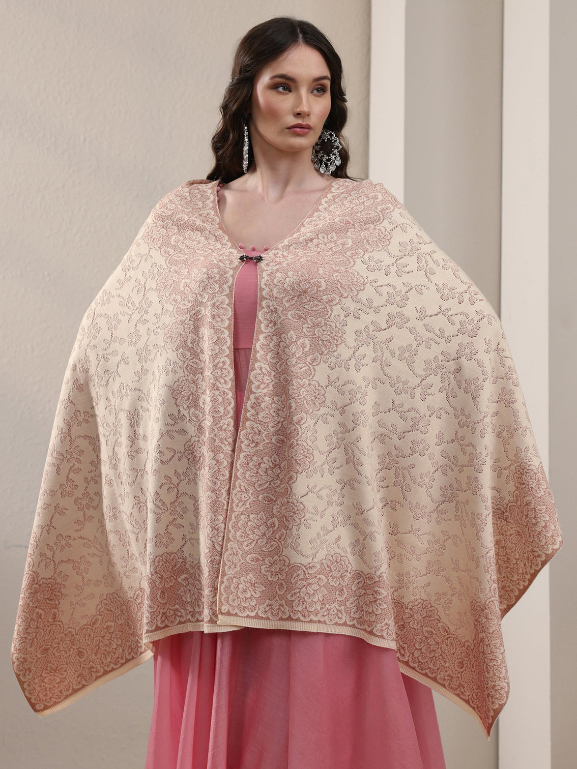 Mameraa Off White Floral Embroidered Acrylic Wrap Shawl