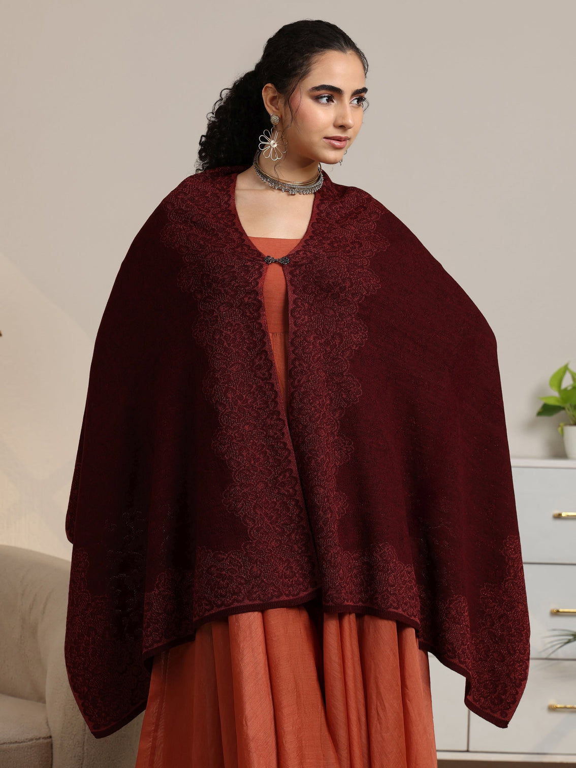 Mameraa Maroon Floral Knitted Acrylic Wrap Shawl