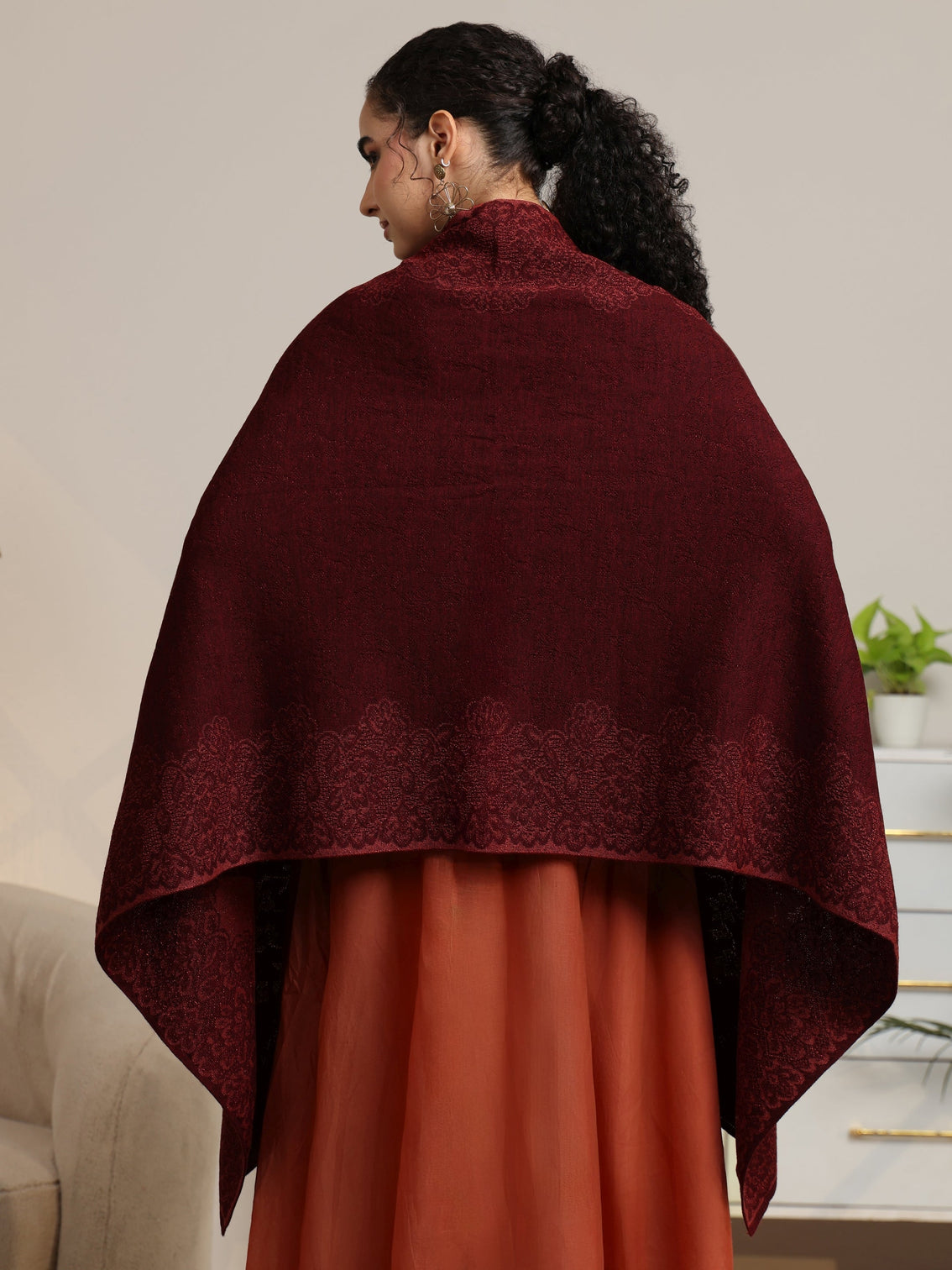 Mameraa Maroon Floral Knitted Acrylic Wrap Shawl