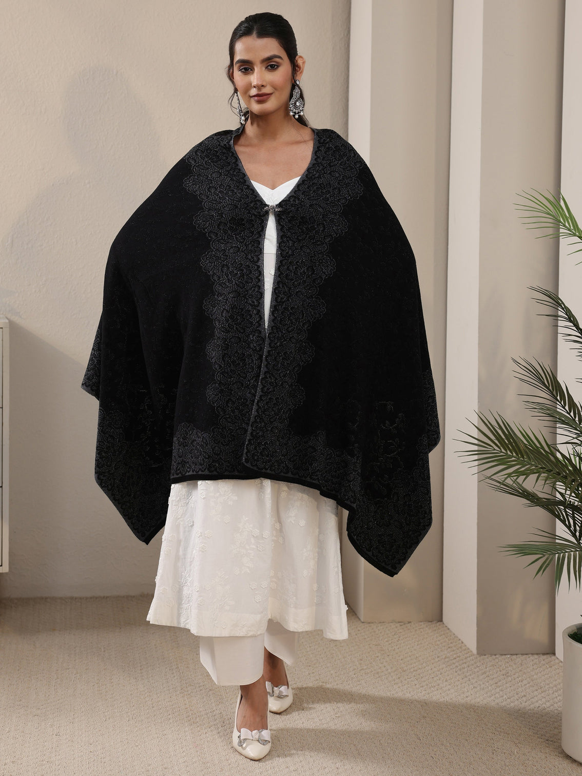 Mameraa Black Floral Embroidered Acrylic Wrap Shawl