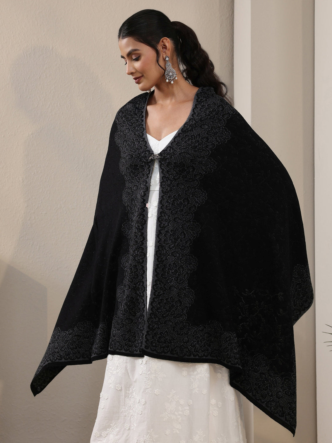 Mameraa Black Floral Embroidered Acrylic Wrap Shawl