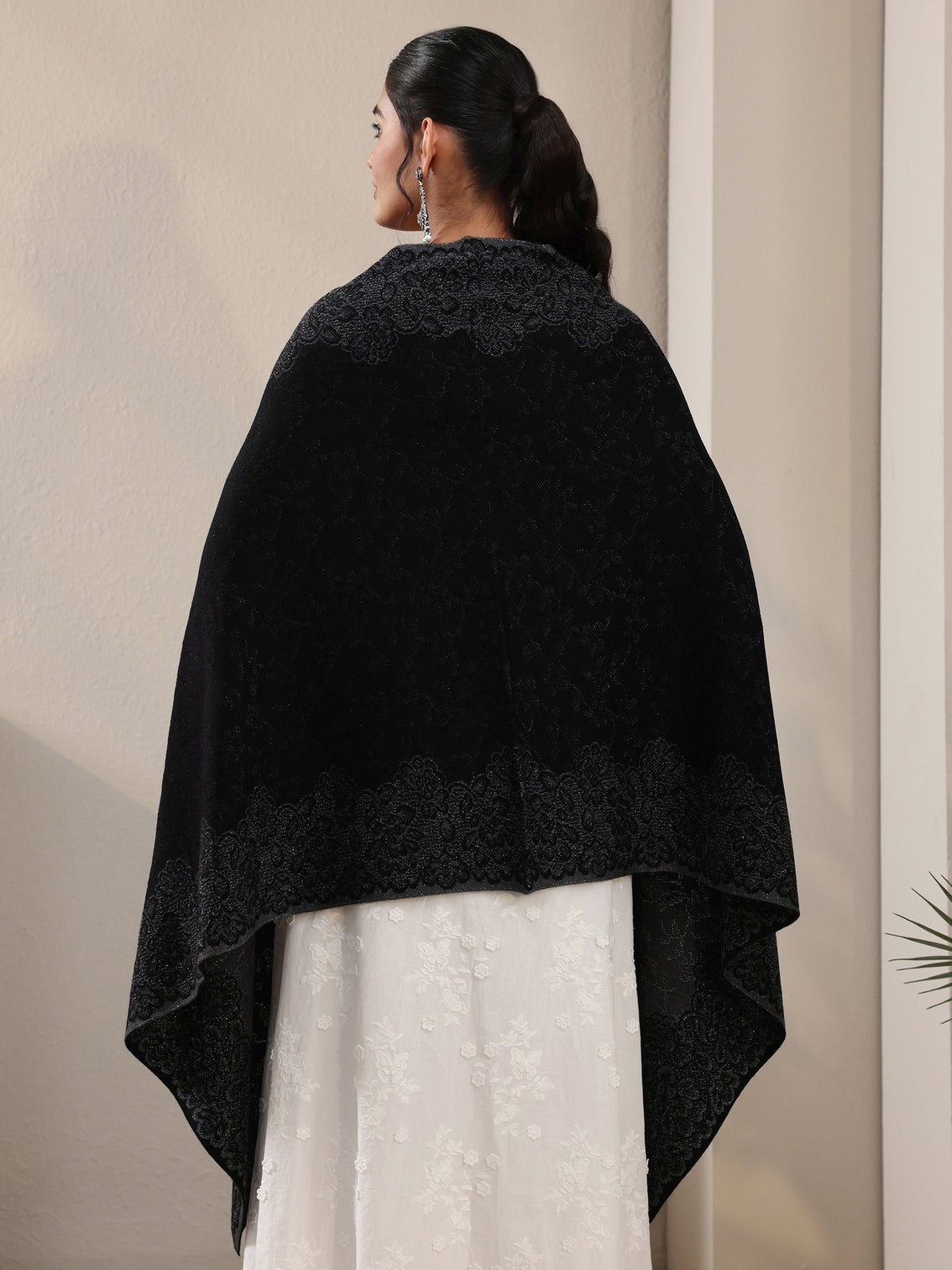 Mameraa Black Floral Embroidered Acrylic Wrap Shawl