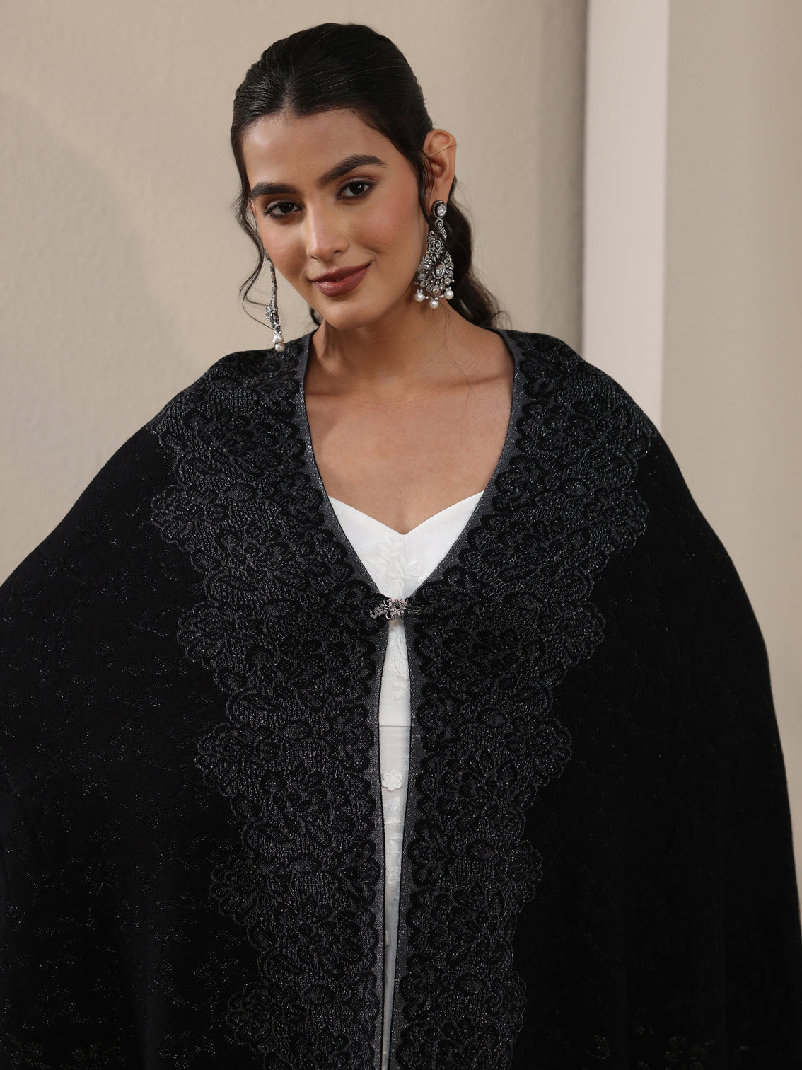 Mameraa Black Floral Embroidered Acrylic Wrap Shawl