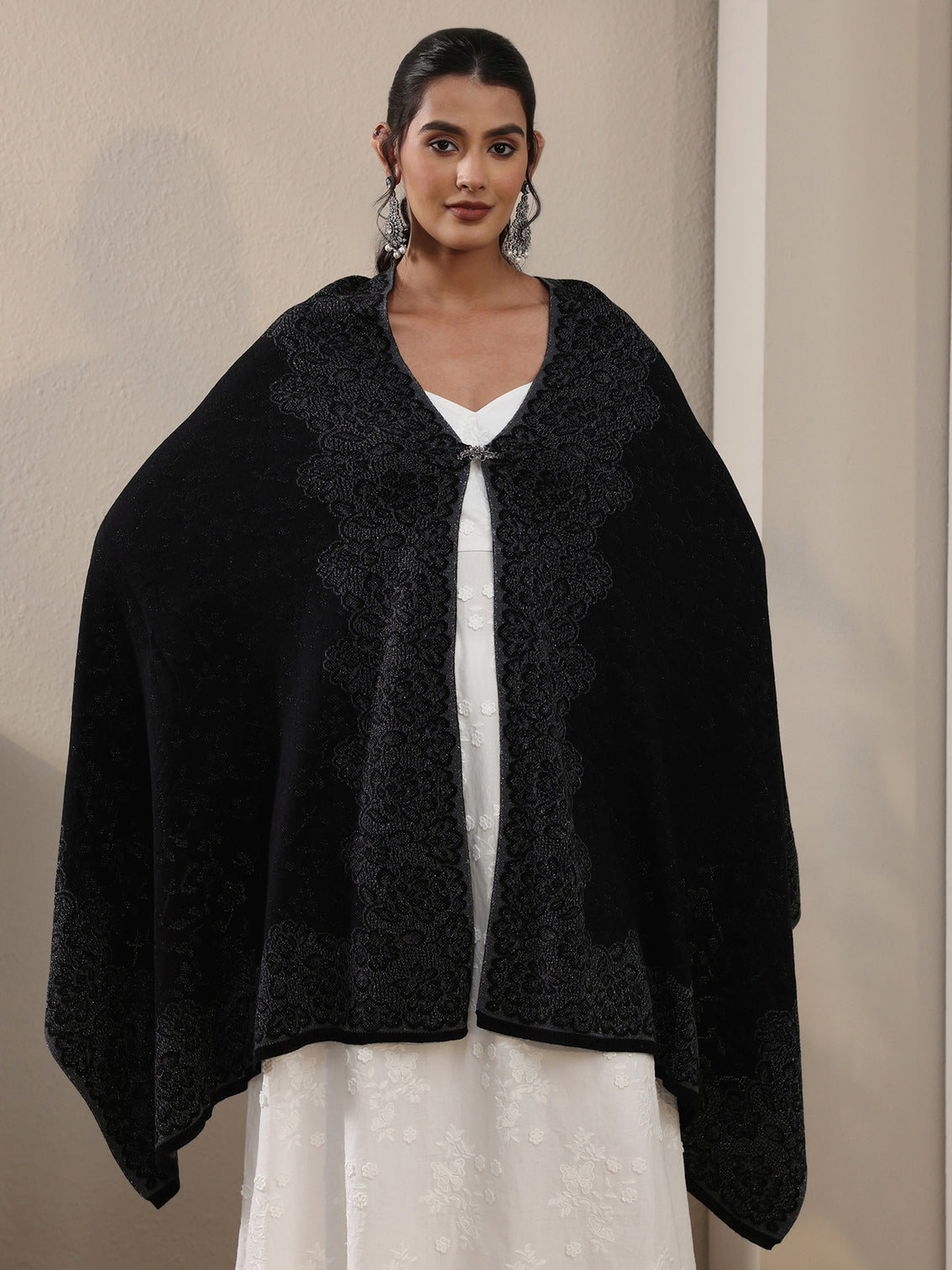Mameraa Black Floral Embroidered Acrylic Wrap Shawl