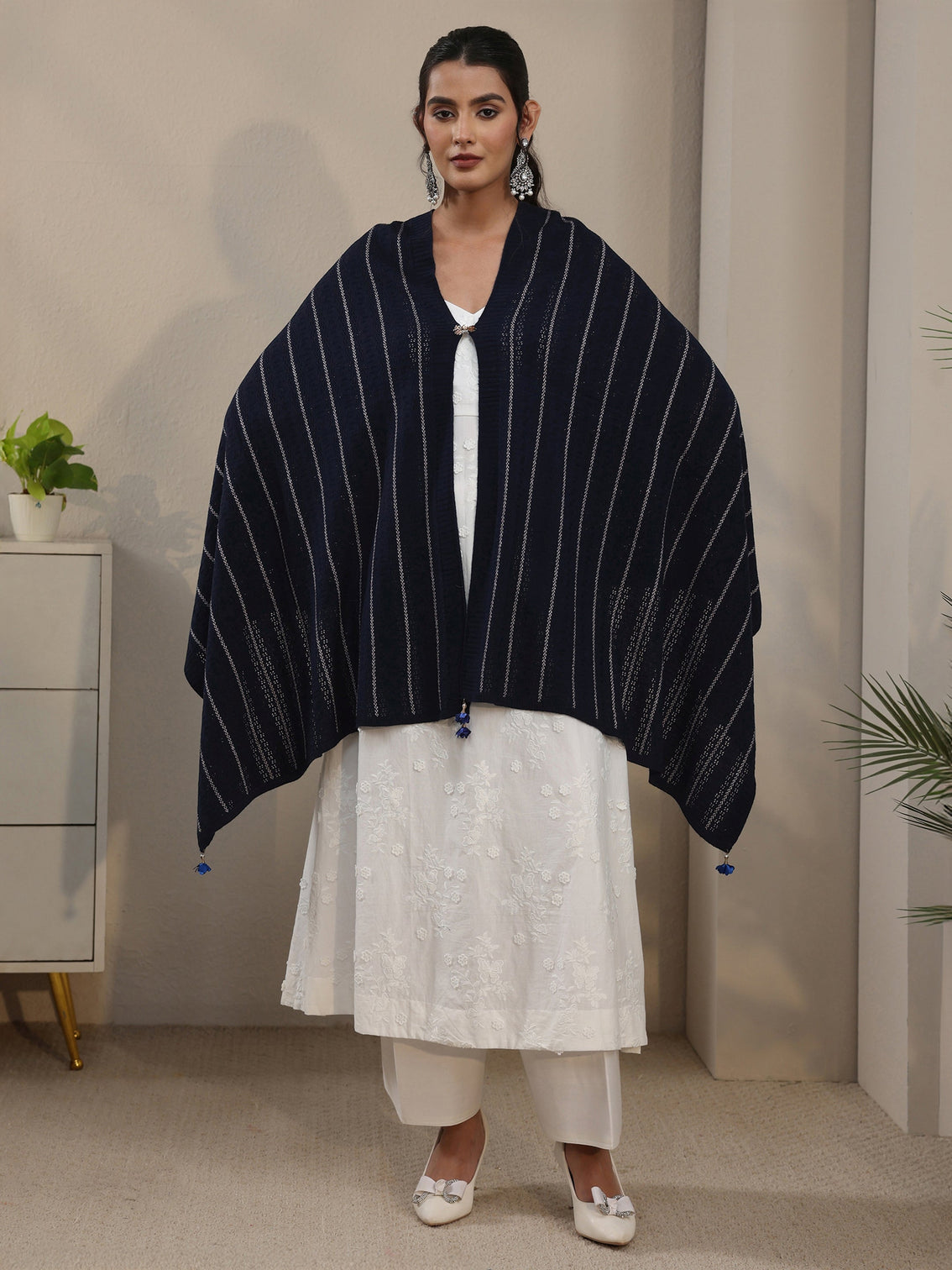 Mameraa Navy Blue Striped Embroidered Acrylic Wrap Shawl