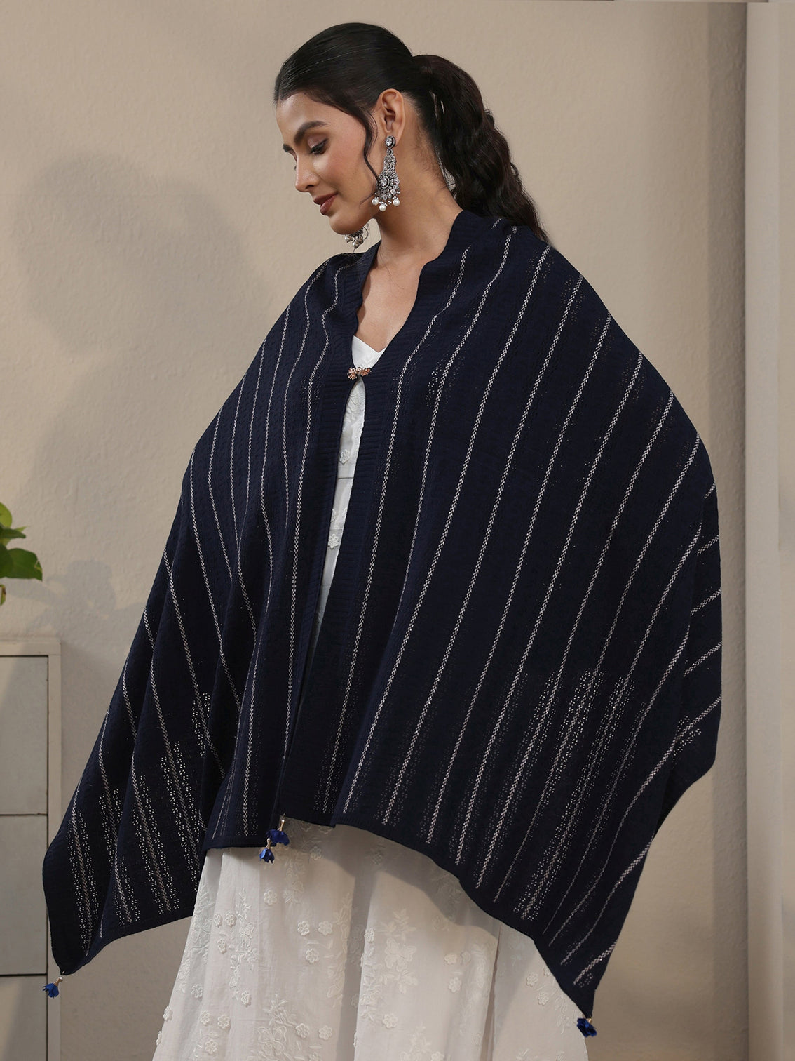 Mameraa Navy Blue Striped Embroidered Acrylic Wrap Shawl
