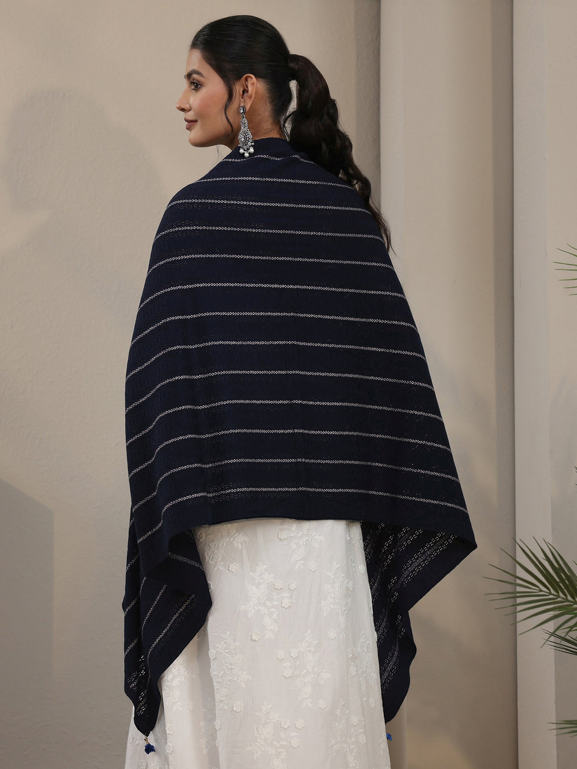 Mameraa Navy Blue Striped Embroidered Acrylic Wrap Shawl