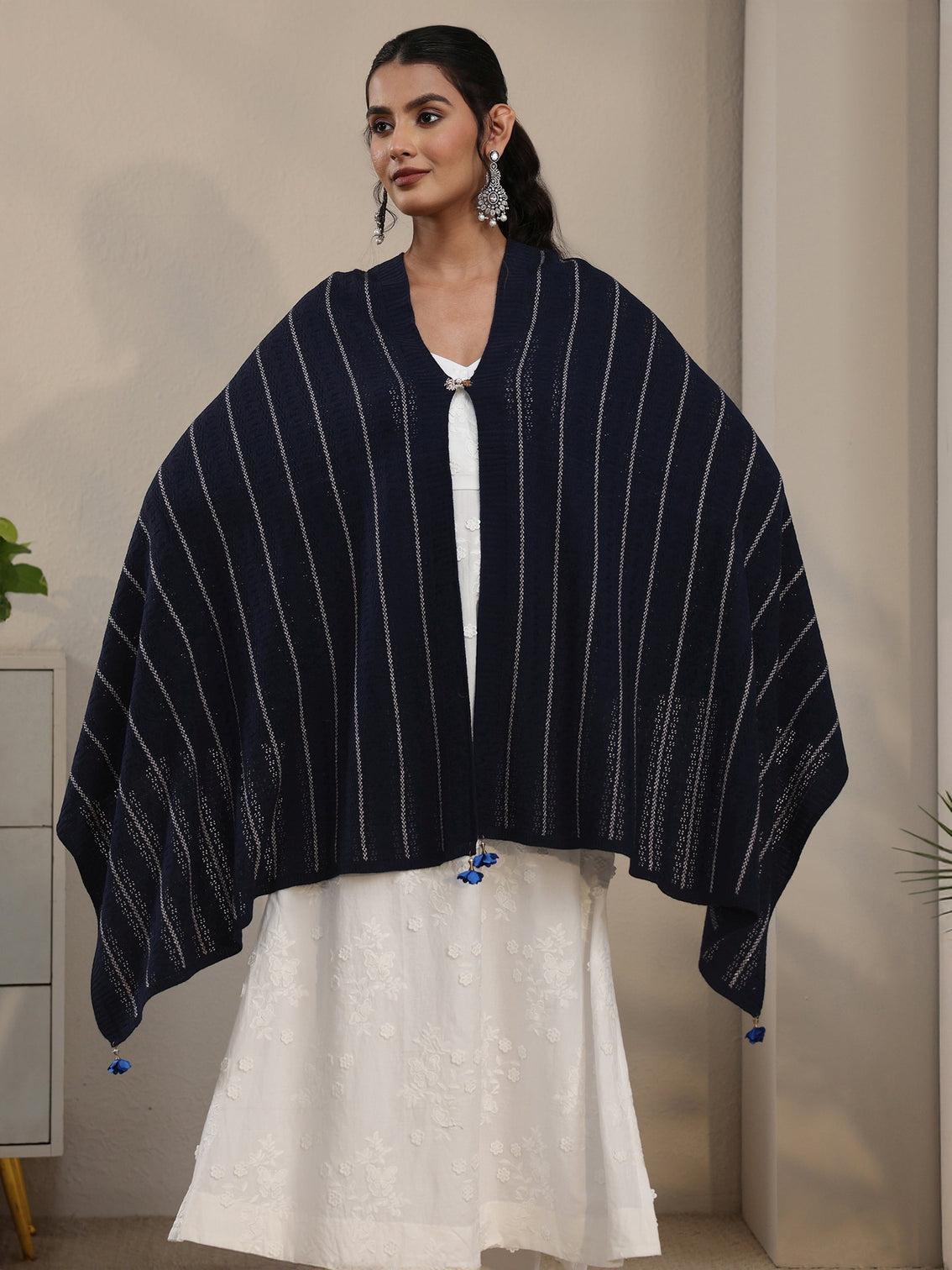 Mameraa Navy Blue Striped Embroidered Acrylic Wrap Shawl