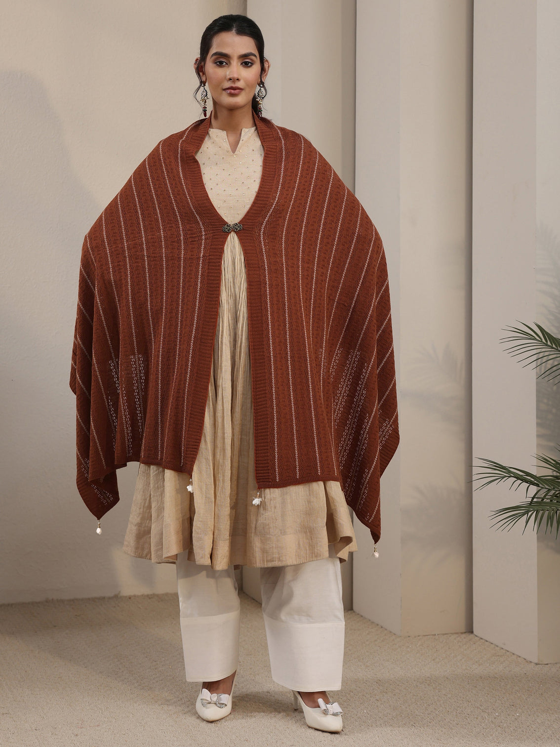 Mameraa Rust Brown Striped Embroidered Acrylic Wrap Shawl