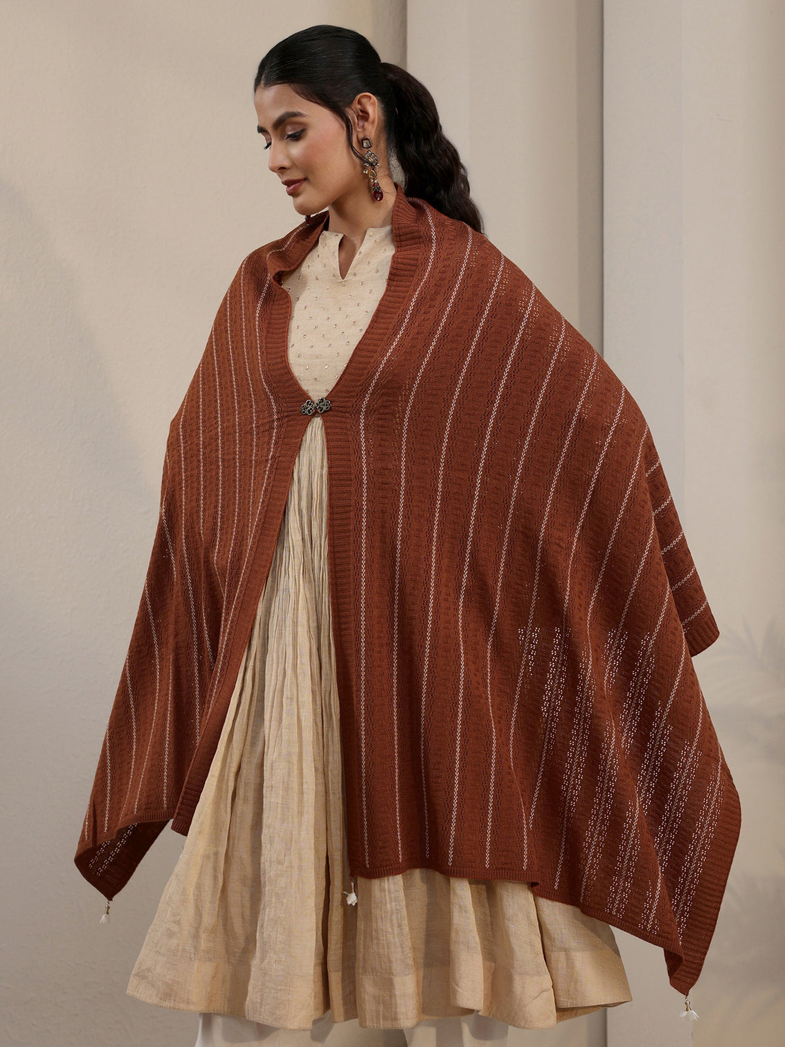 Mameraa Rust Brown Striped Embroidered Acrylic Wrap Shawl