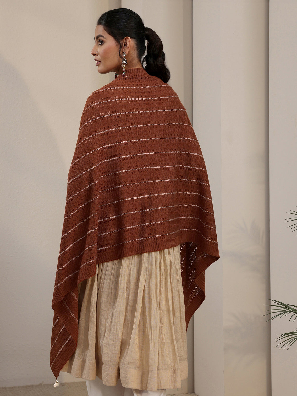 Mameraa Rust Brown Striped Embroidered Acrylic Wrap Shawl