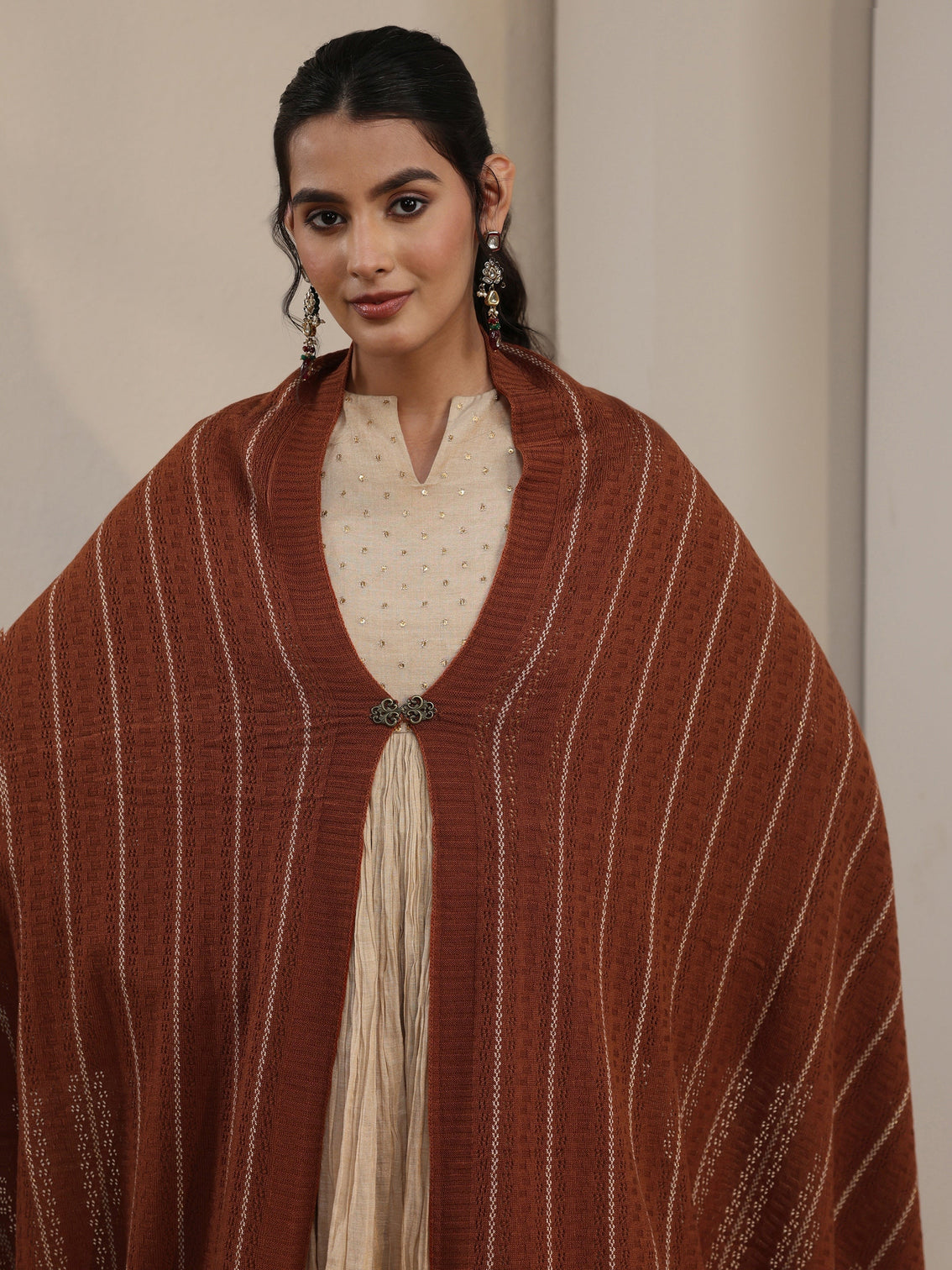 Mameraa Rust Brown Striped Embroidered Acrylic Wrap Shawl