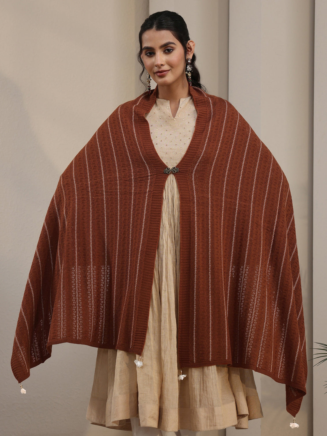 Mameraa Rust Brown Striped Embroidered Acrylic Wrap Shawl
