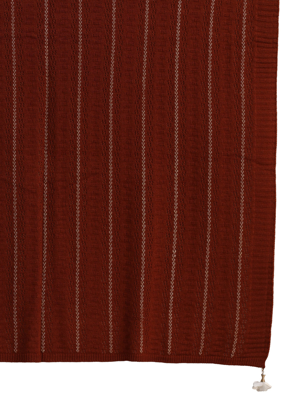 Mameraa Rust Brown Striped Embroidered Acrylic Wrap Shawl