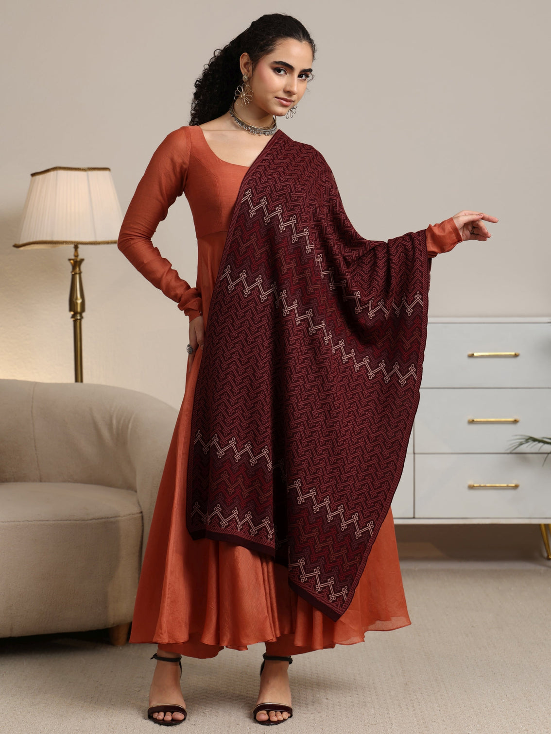 Mameraa Maroon Ethnic Knitted Acrylic Shawl