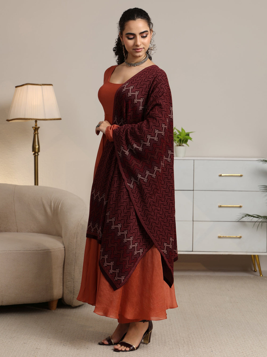 Mameraa Maroon Ethnic Knitted Acrylic Shawl