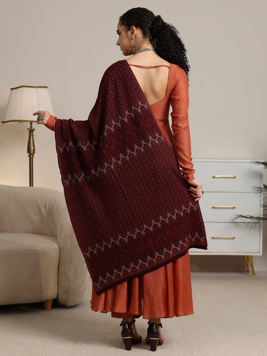 Mameraa Maroon Ethnic Knitted Acrylic Shawl
