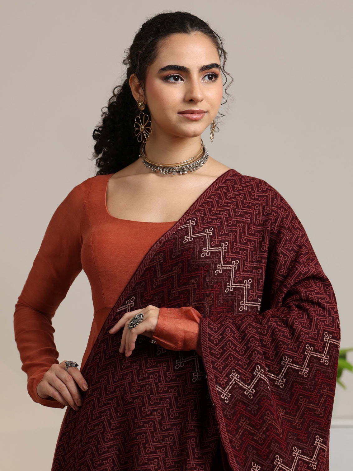 Mameraa Maroon Ethnic Knitted Acrylic Shawl