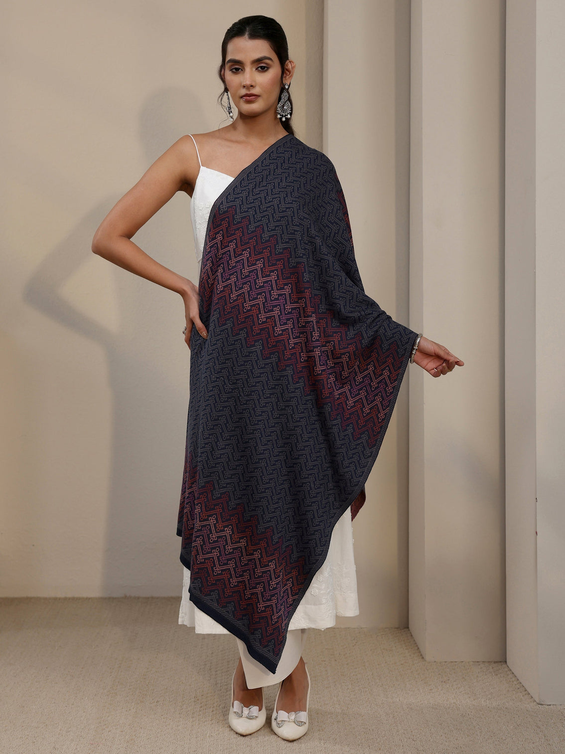 Mameraa Navy Blue Ethnic Embroidered Acrylic Shawl