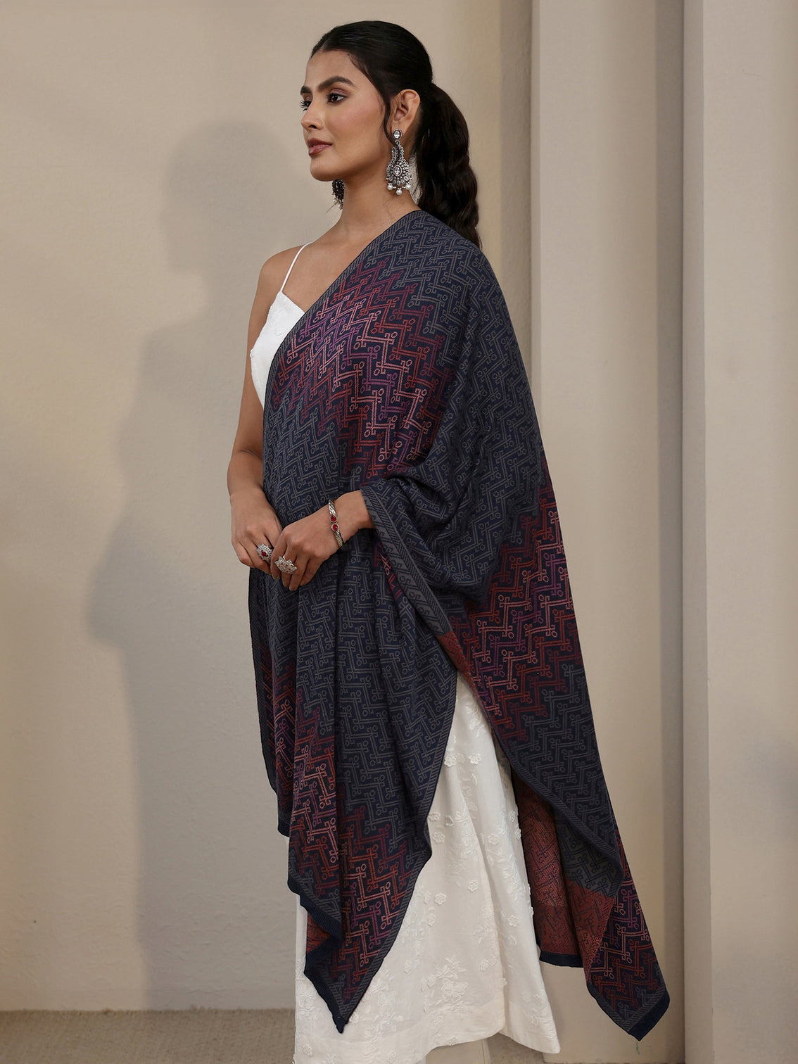 Mameraa Navy Blue Ethnic Embroidered Acrylic Shawl
