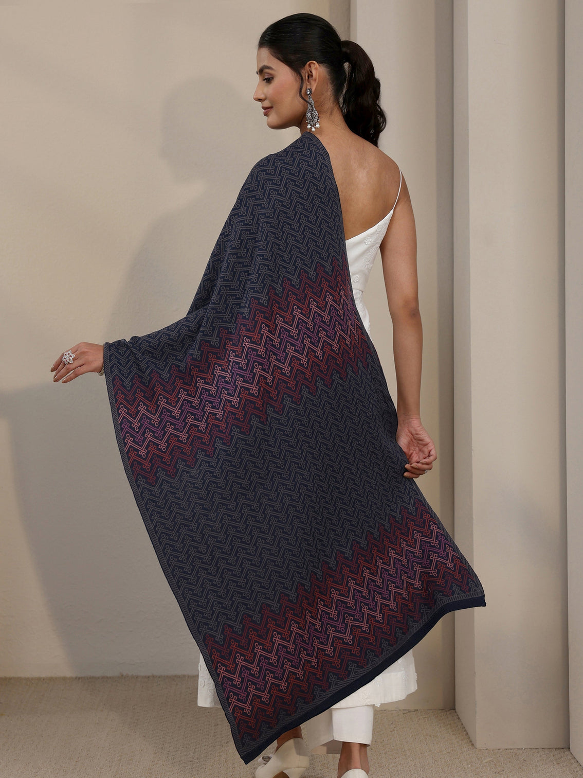Mameraa Navy Blue Ethnic Embroidered Acrylic Shawl