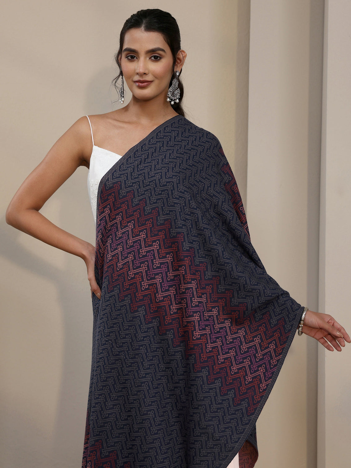 Mameraa Navy Blue Ethnic Embroidered Acrylic Shawl