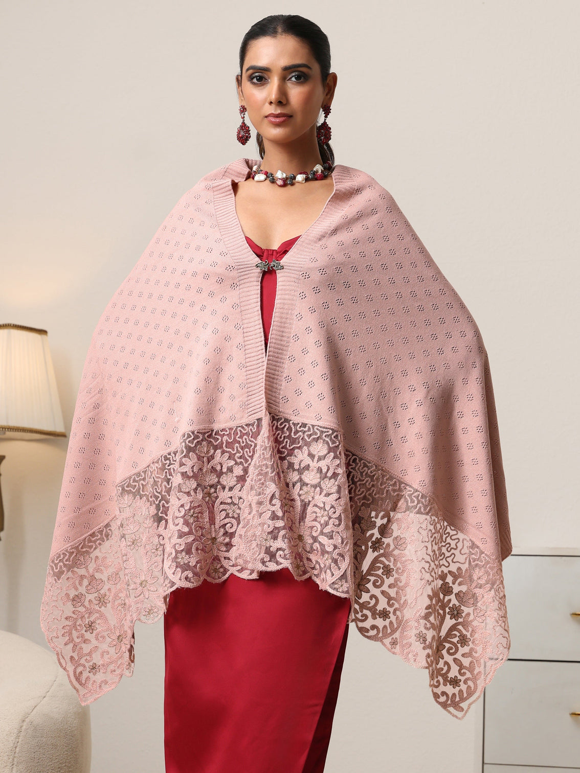 Mameraa Baby Pink Knitted Acrylic Wrap Shawl with Lace Border