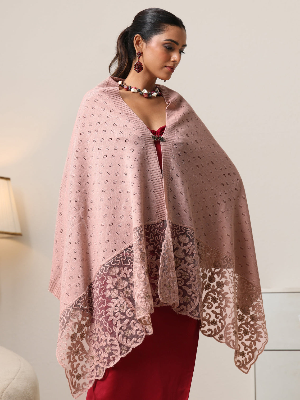 Mameraa Baby Pink Knitted Acrylic Wrap Shawl with Lace Border
