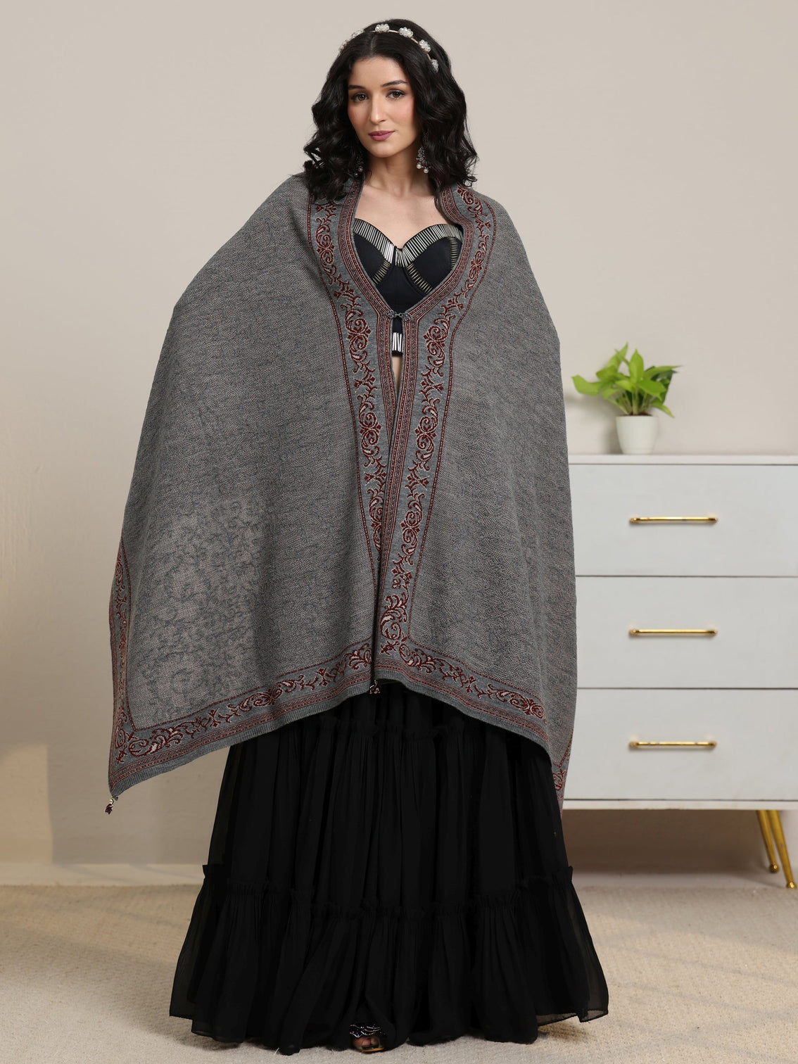 Mameraa Grey Knitted Acrylic Wrap Shawl