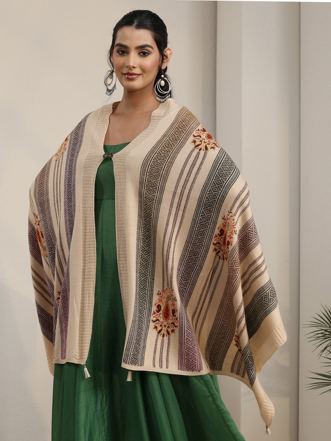 Mameraa Off White Ethnic Embroidered Acrylic Wrap Shawl