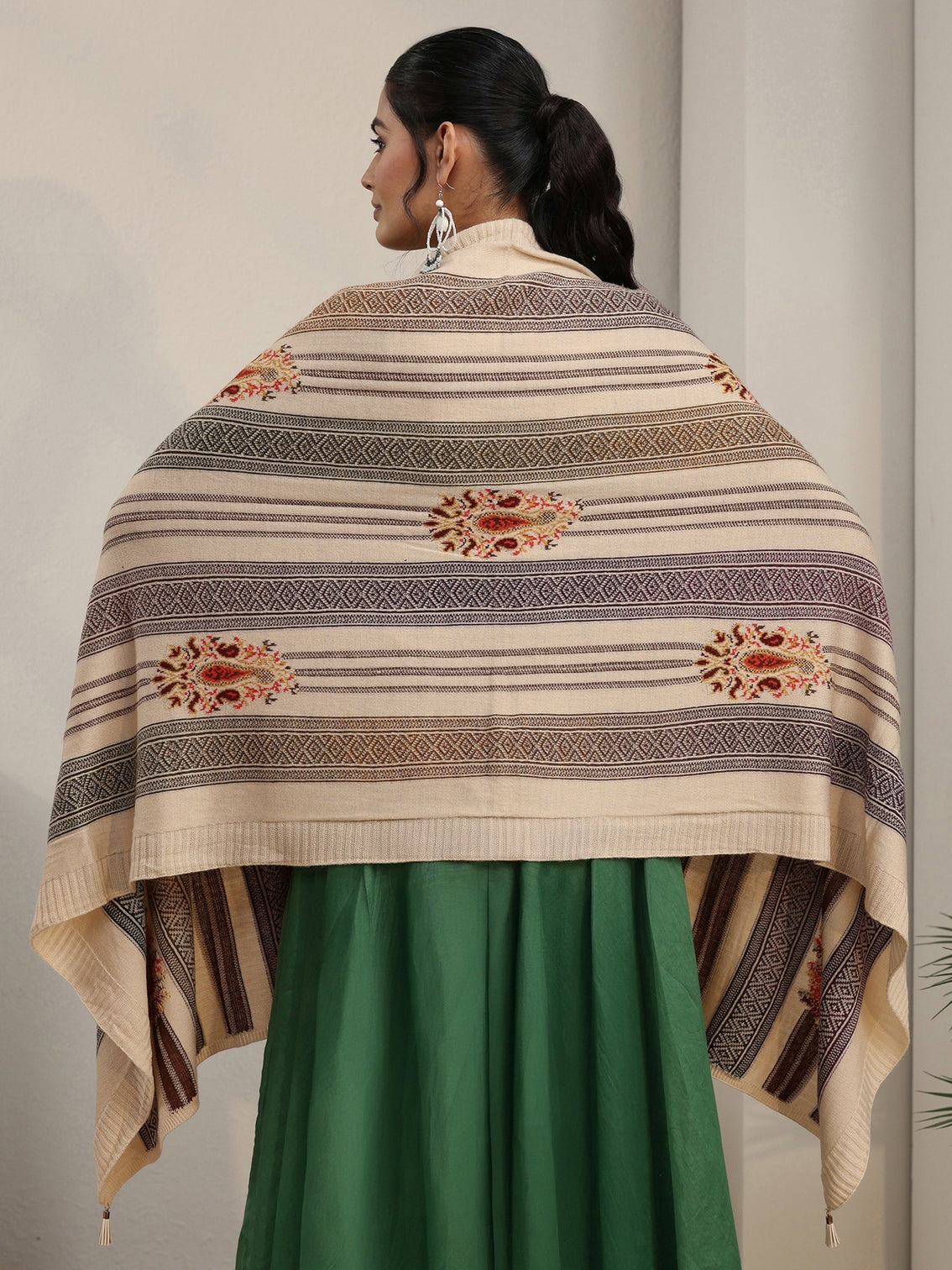 Mameraa Off White Ethnic Embroidered Acrylic Wrap Shawl