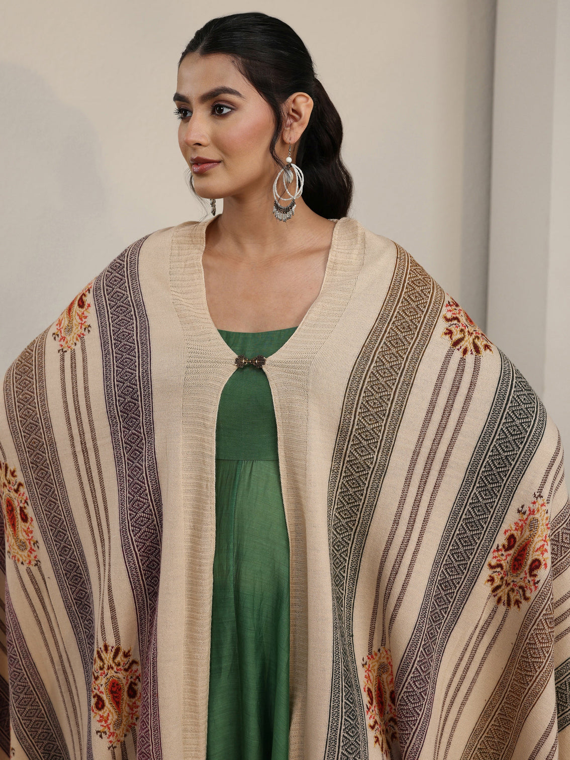 Mameraa Off White Ethnic Embroidered Acrylic Wrap Shawl