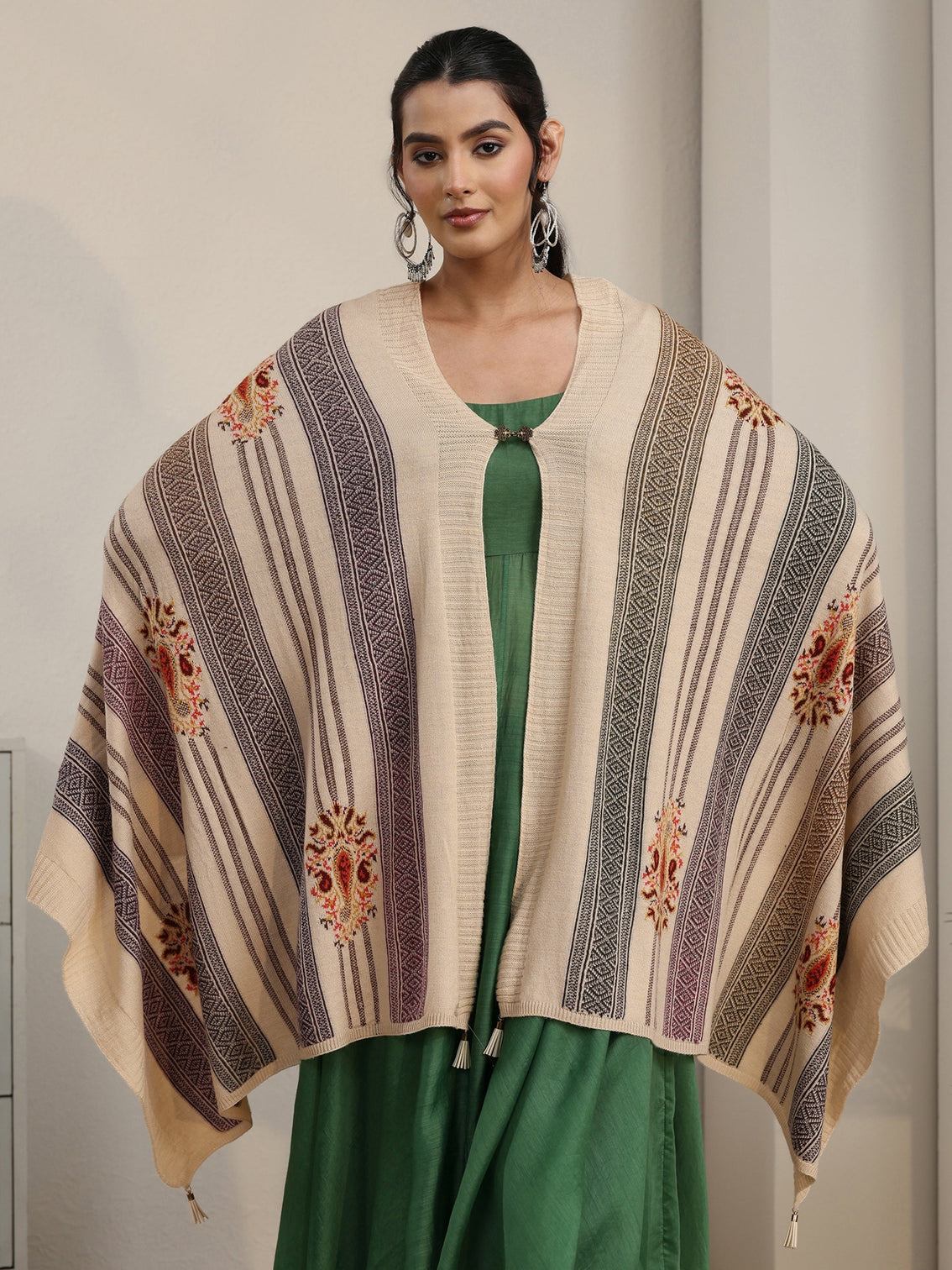 Mameraa Off White Ethnic Embroidered Acrylic Wrap Shawl