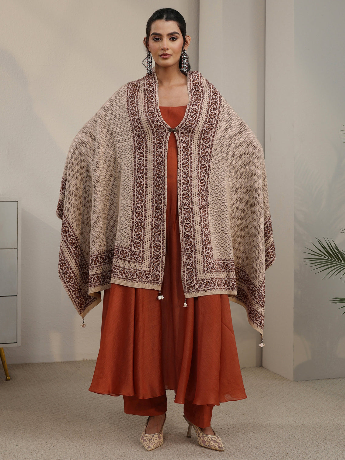 Mameraa Beige Ethnic Embroidered Acrylic Wrap Shawl