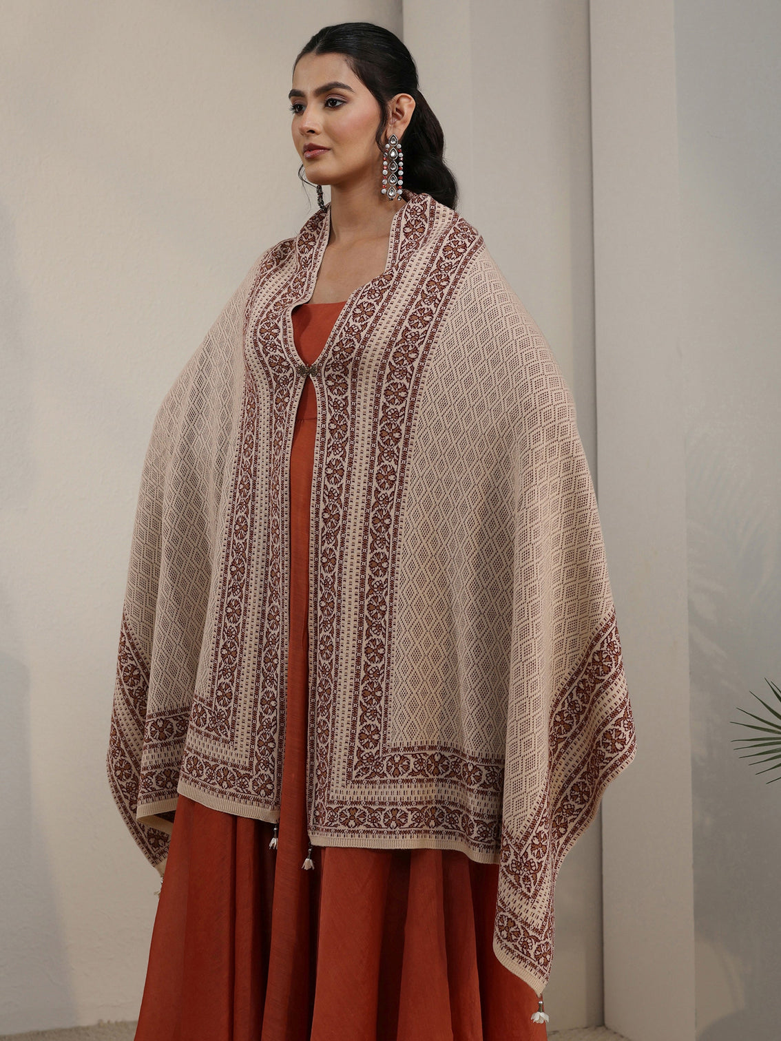 Mameraa Beige Ethnic Embroidered Acrylic Wrap Shawl