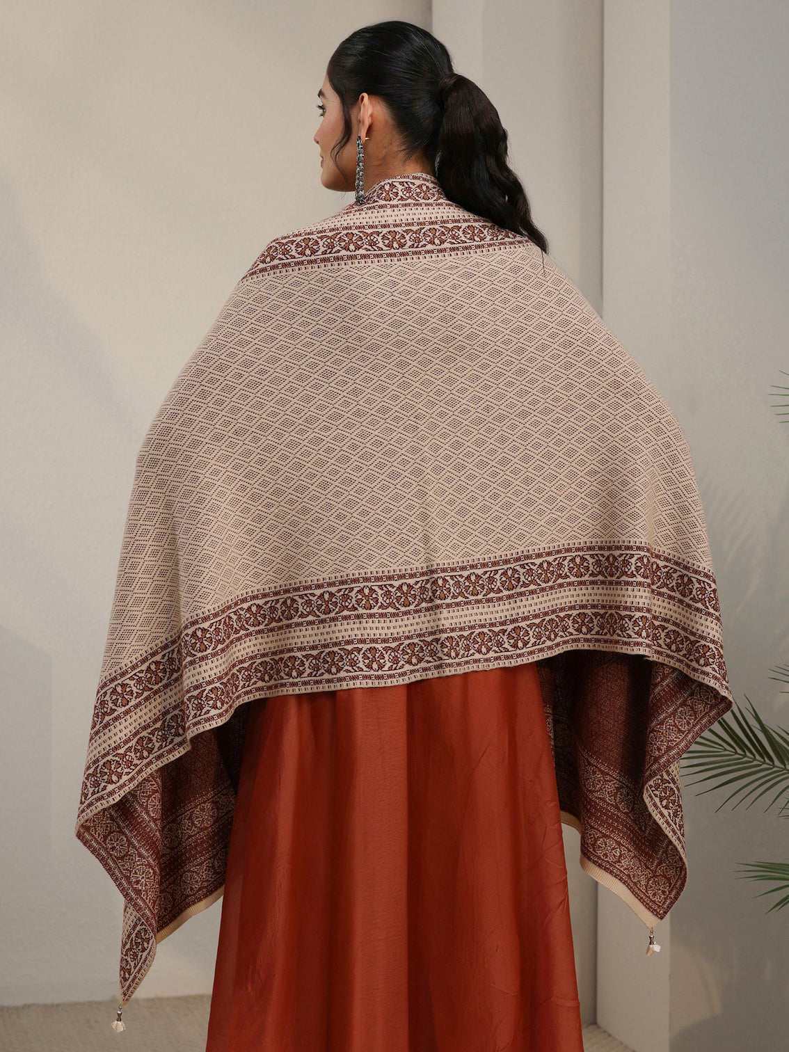 Mameraa Beige Ethnic Embroidered Acrylic Wrap Shawl