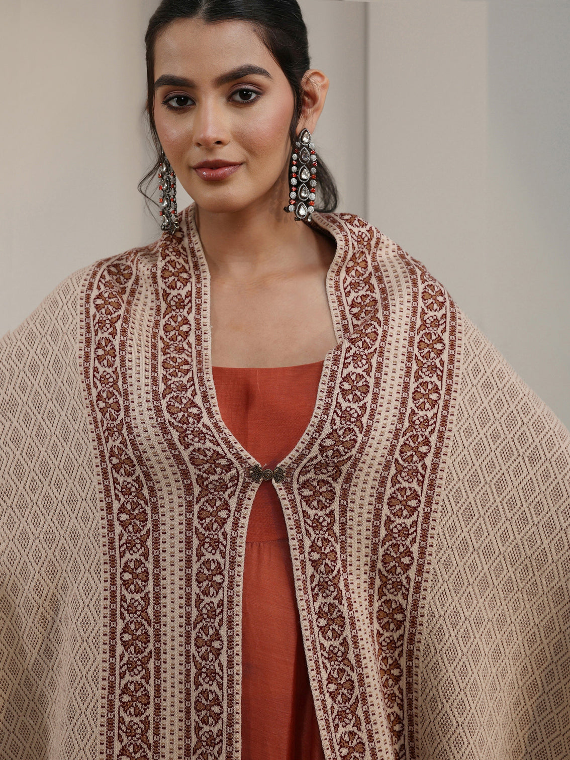 Mameraa Beige Ethnic Embroidered Acrylic Wrap Shawl