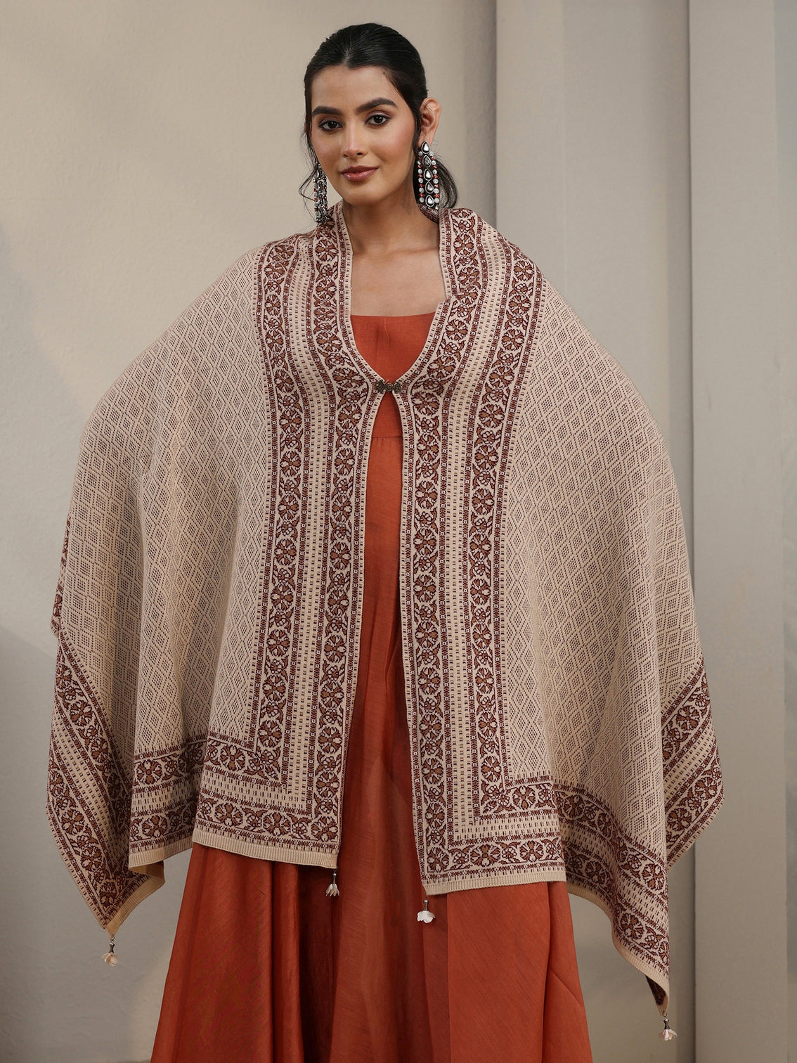 Mameraa Beige Ethnic Embroidered Acrylic Wrap Shawl