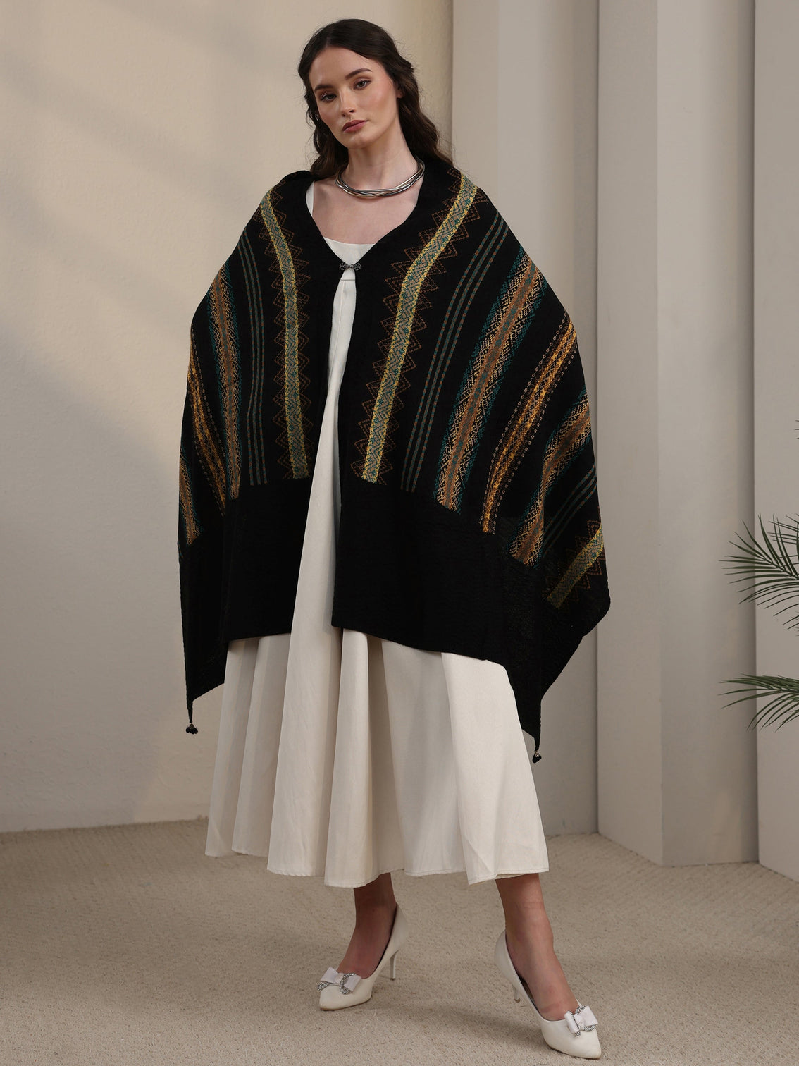 Mameraa Black Ethnic Striped Embroidered Acrylic Wrap Shawl