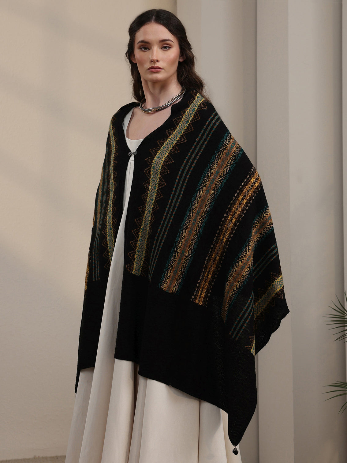 Mameraa Black Ethnic Striped Embroidered Acrylic Wrap Shawl
