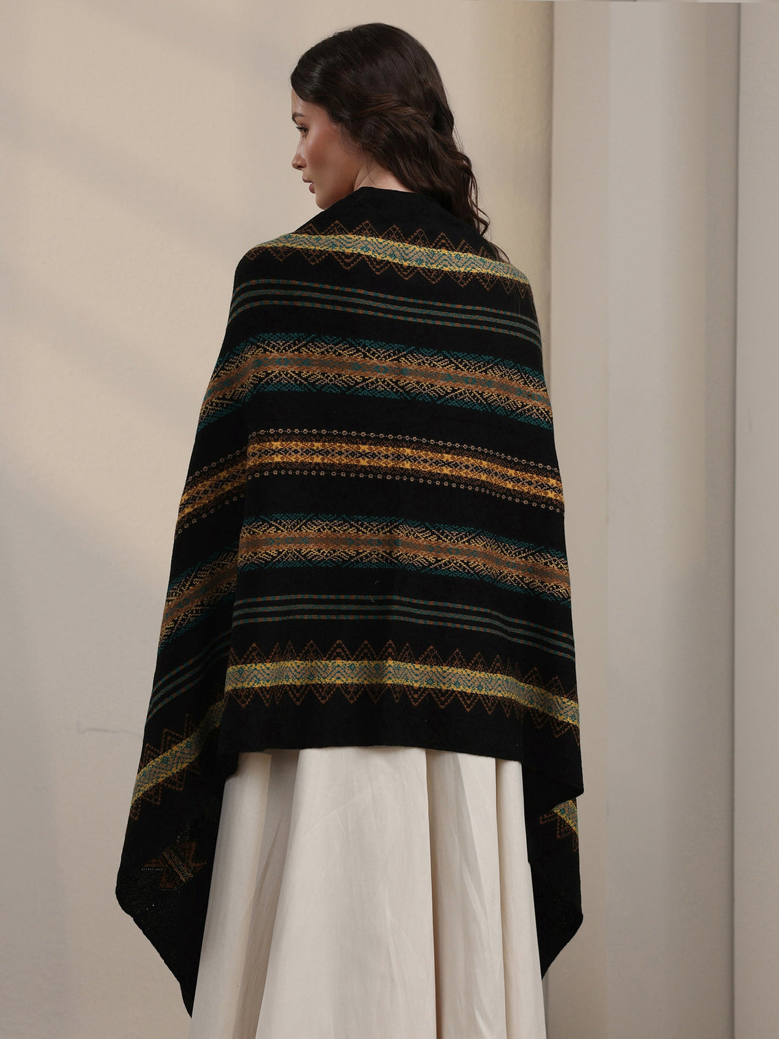 Mameraa Black Ethnic Striped Embroidered Acrylic Wrap Shawl