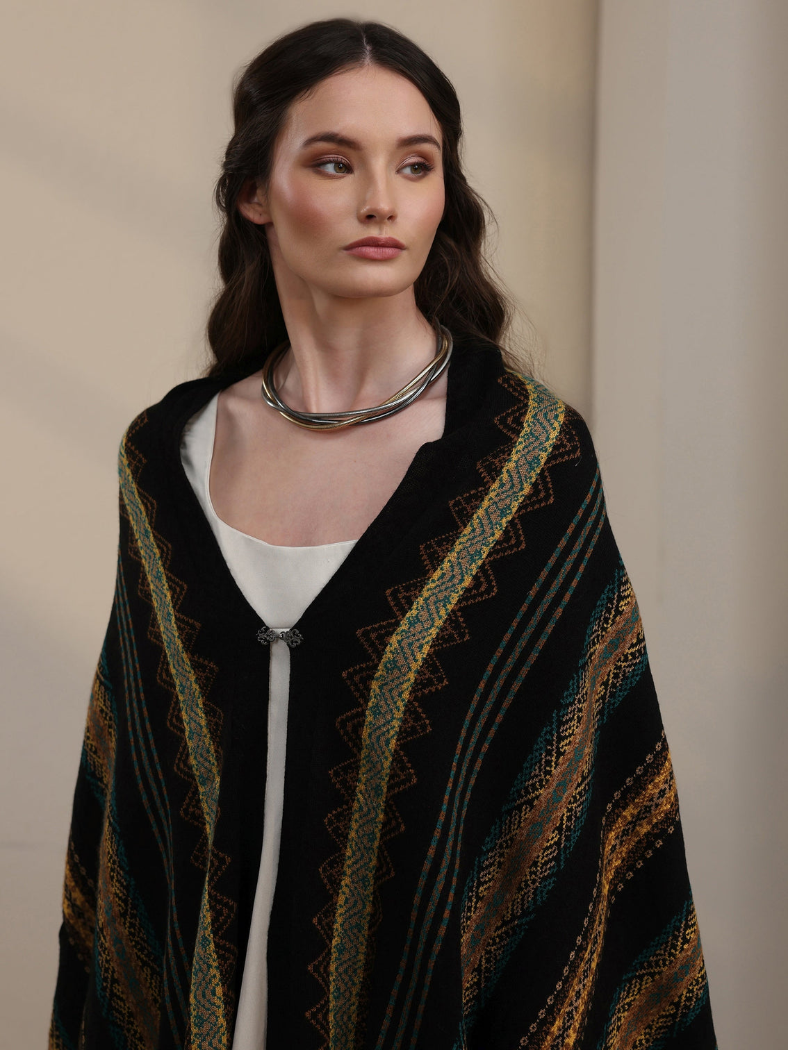 Mameraa Black Ethnic Striped Embroidered Acrylic Wrap Shawl