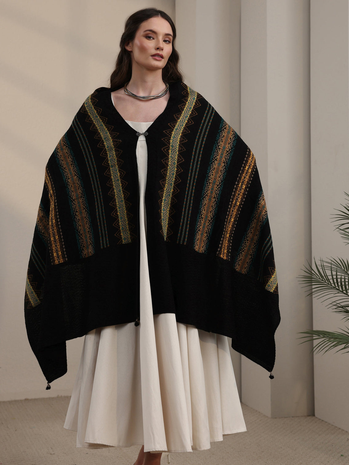 Mameraa Black Ethnic Striped Embroidered Acrylic Wrap Shawl