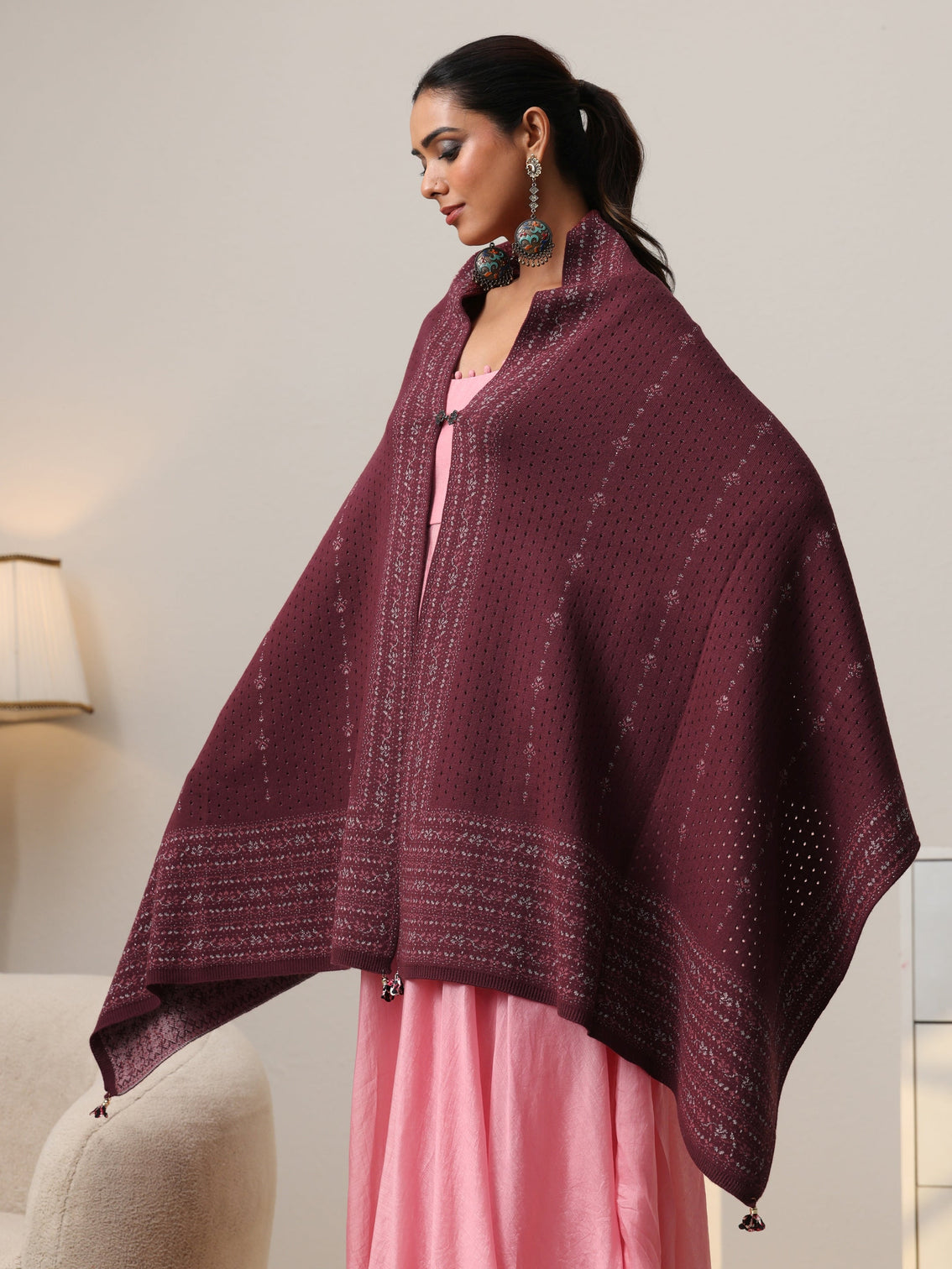 Mameraa Mauve Knitted Acrylic Wrap Shawl