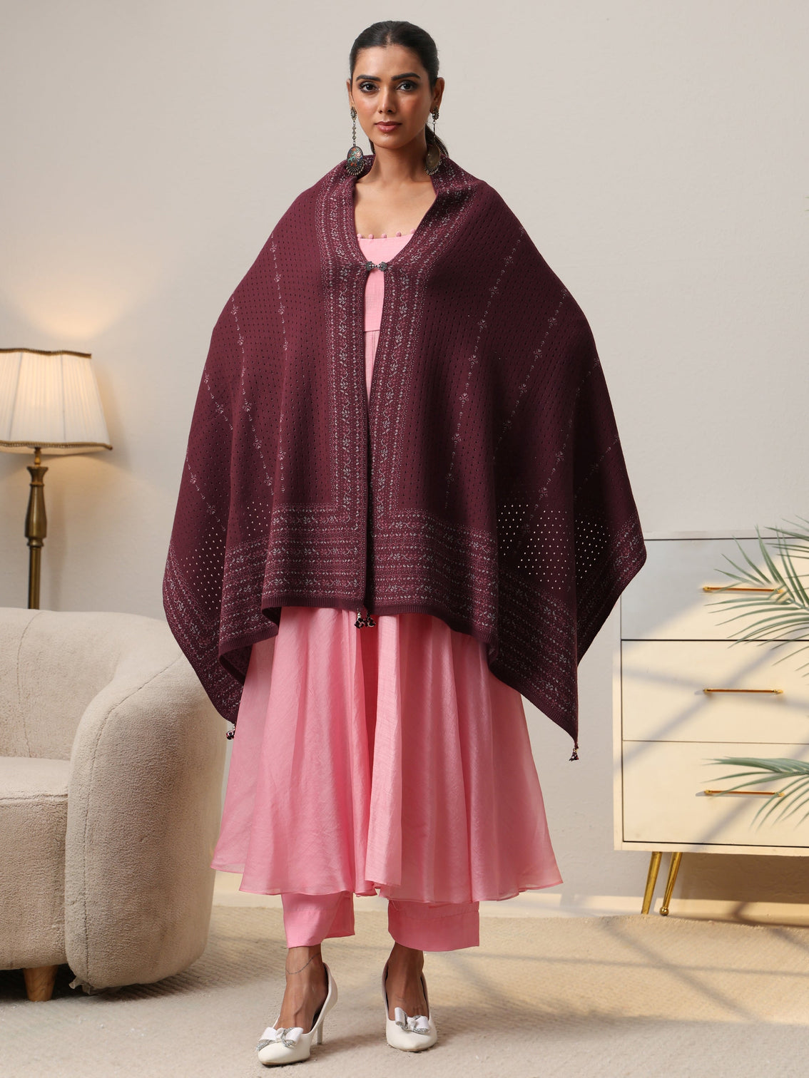 Mameraa Mauve Knitted Acrylic Wrap Shawl