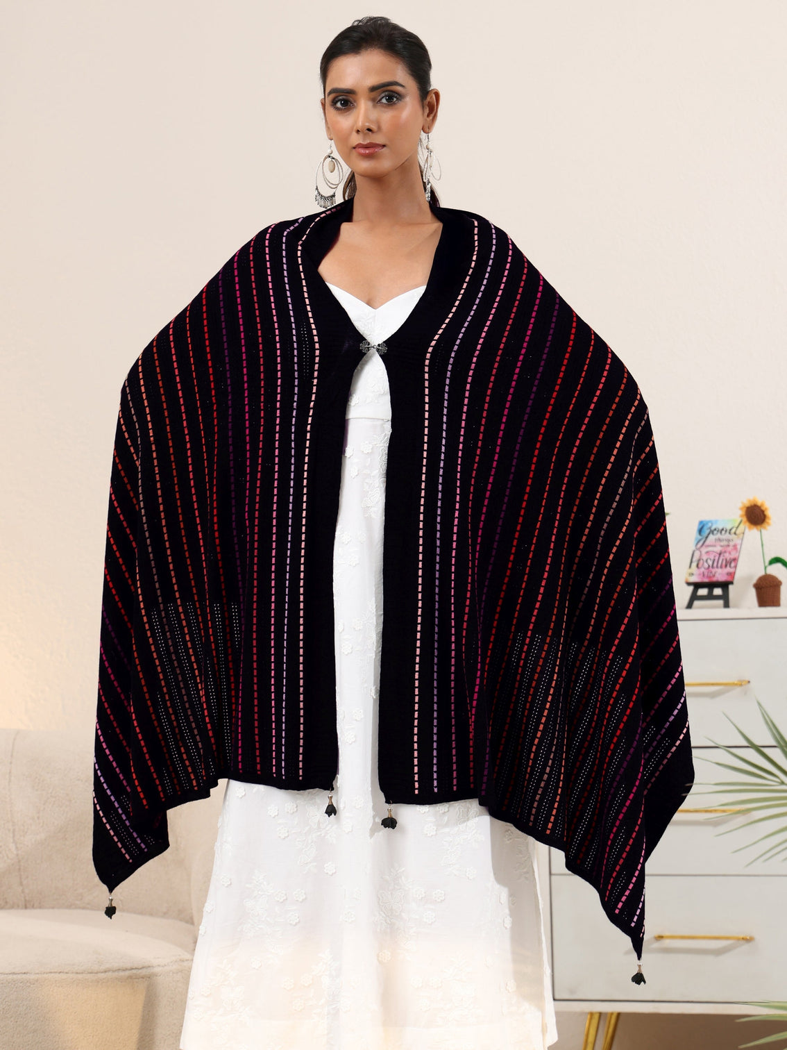 Mameraa Black Striped Knitted Acrylic Wrap Shawl