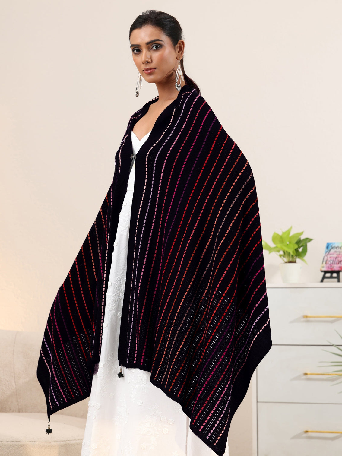 Mameraa Black Striped Knitted Acrylic Wrap Shawl