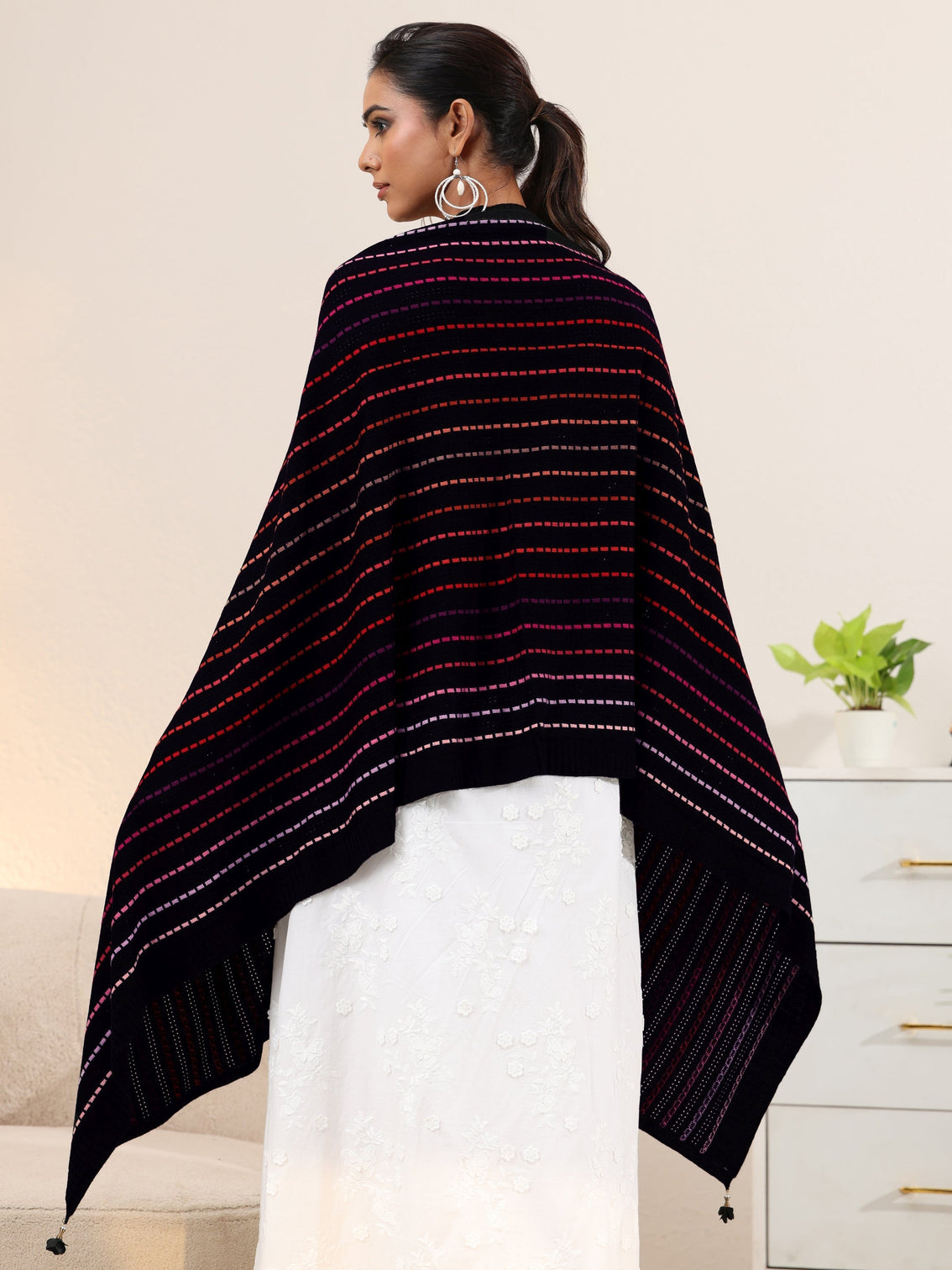 Mameraa Black Striped Knitted Acrylic Wrap Shawl