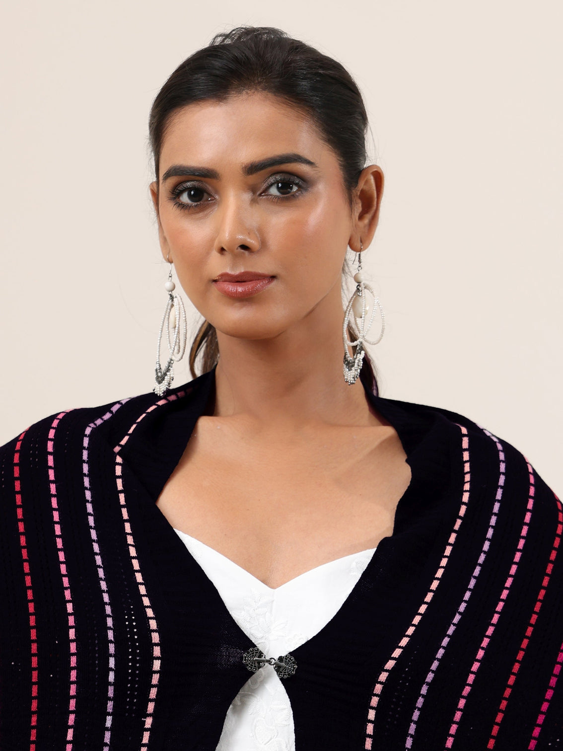 Mameraa Black Striped Knitted Acrylic Wrap Shawl