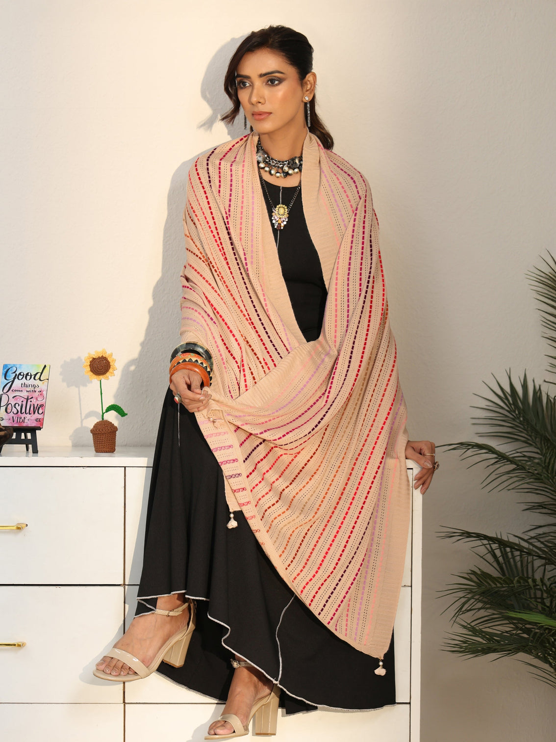 Mameraa Off White Striped Knitted Acrylic Shawl